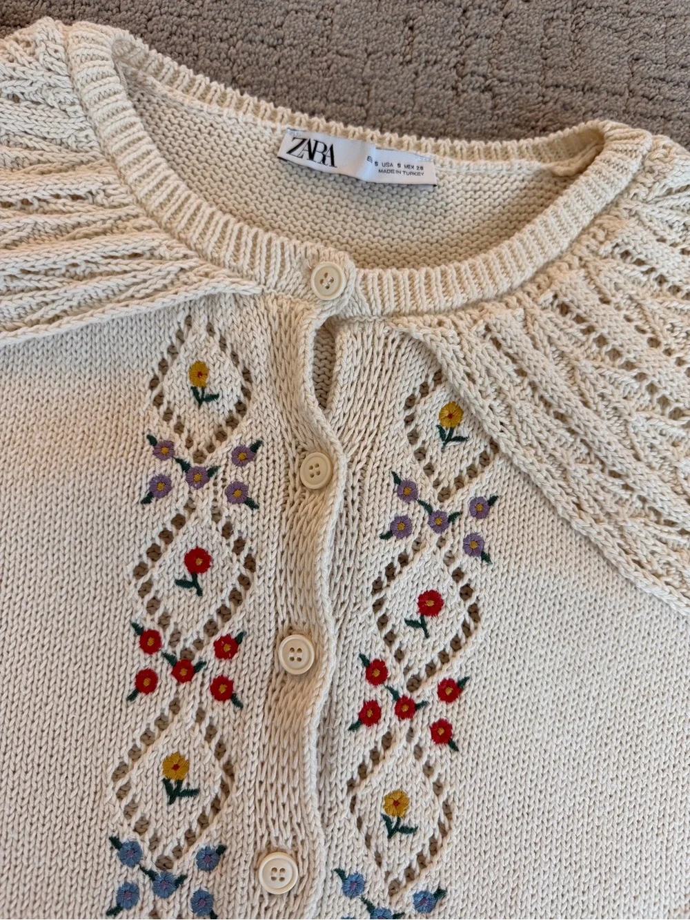 Zara Cream Cropped Floral-Embroidered Cardigan Sweater with Collar